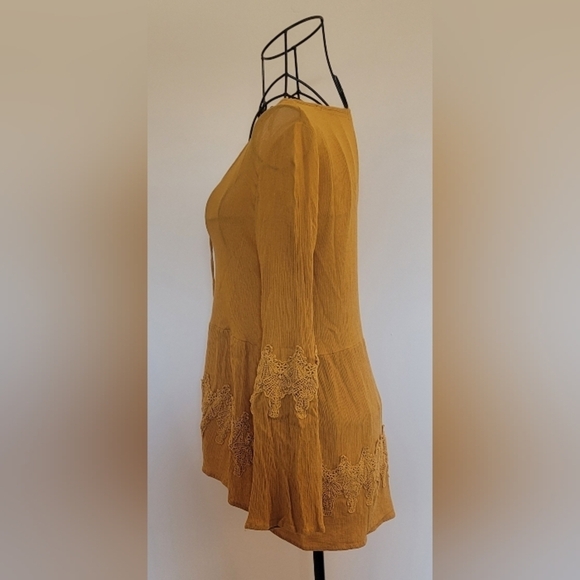 Taylor & Sage Mustard Yellow Embroidery Lace Detail Bell Sleeve Boho Blouse - Picture 3 of 7